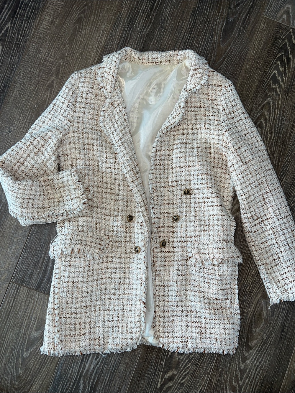 Women's Tweed Fringe Blazer Jacket in Ivory and Beige